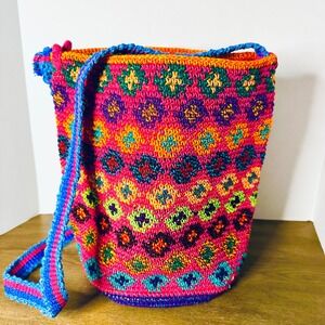 NEW Boho Multicolor Bucket‎ Bag Woven Sun Bottom Adjustable Strap Bohemian